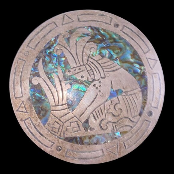 Brooch 2.5" Abalone Shell Mayan Design Sterling Silver 925 Mexico - Picture 4 of 11